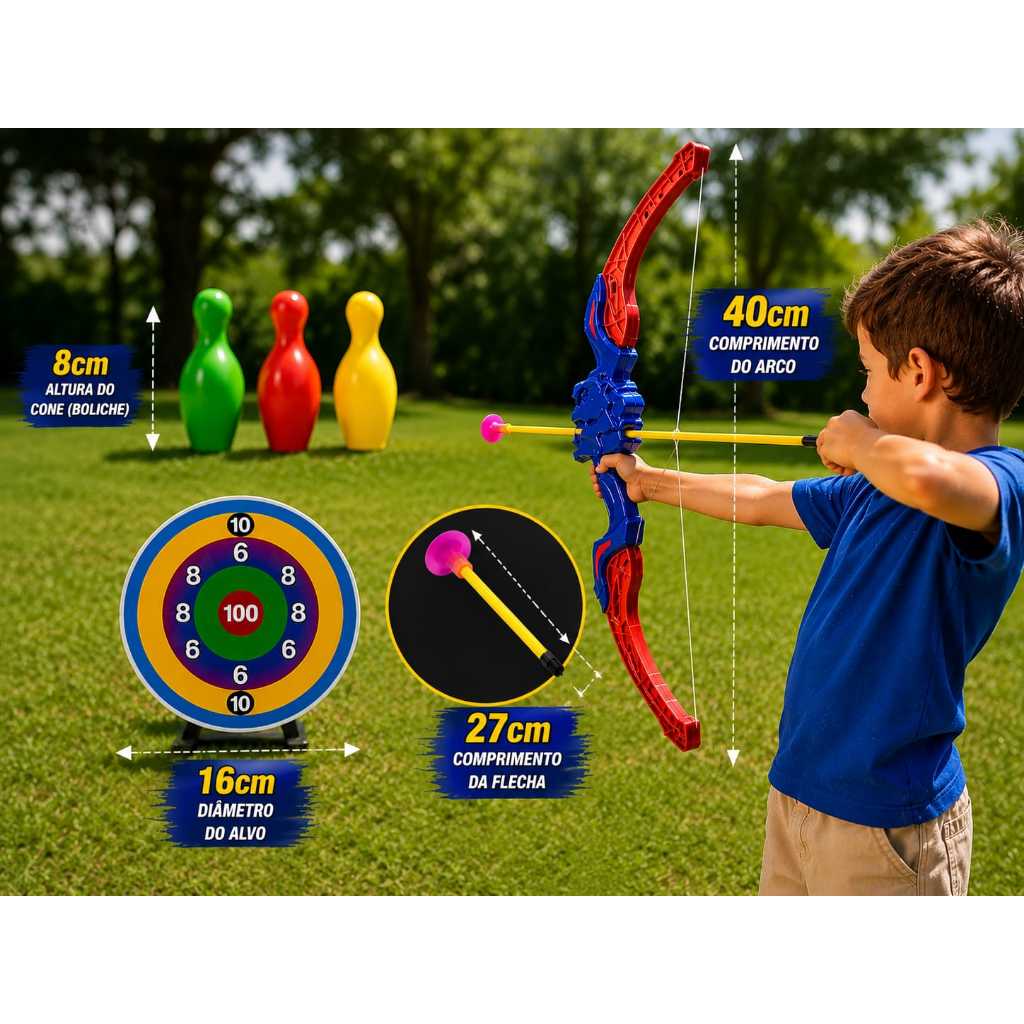 Arco e Flecha Infantil. Arqueiro, alvo, 3 Flechas com ventosa, 3 triângulos de alvo - 6 ANOS