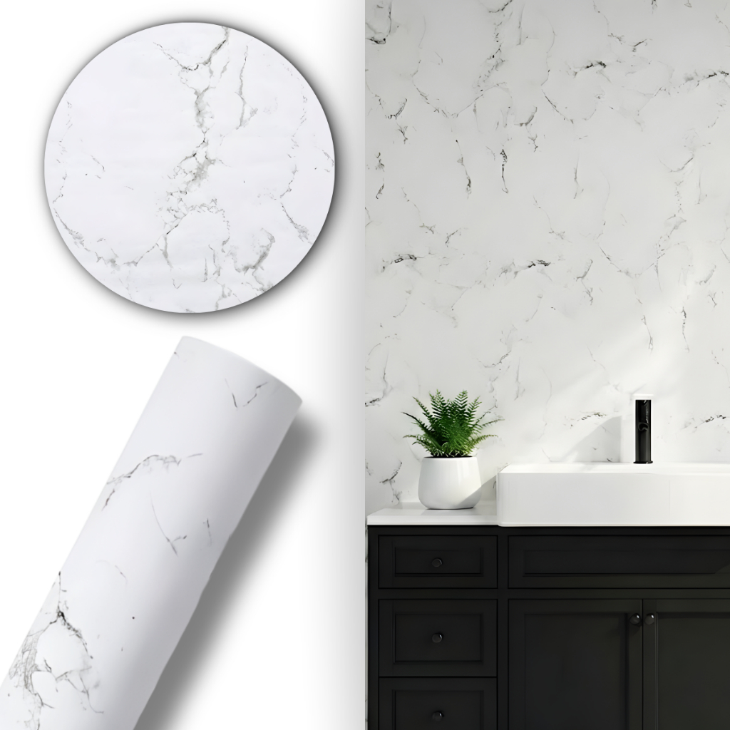 Imagem Papel De Parede Mármore Branco Adesivo 10m x 45cm Lavável Vinílico Impermeável Para Cozinha e Sala