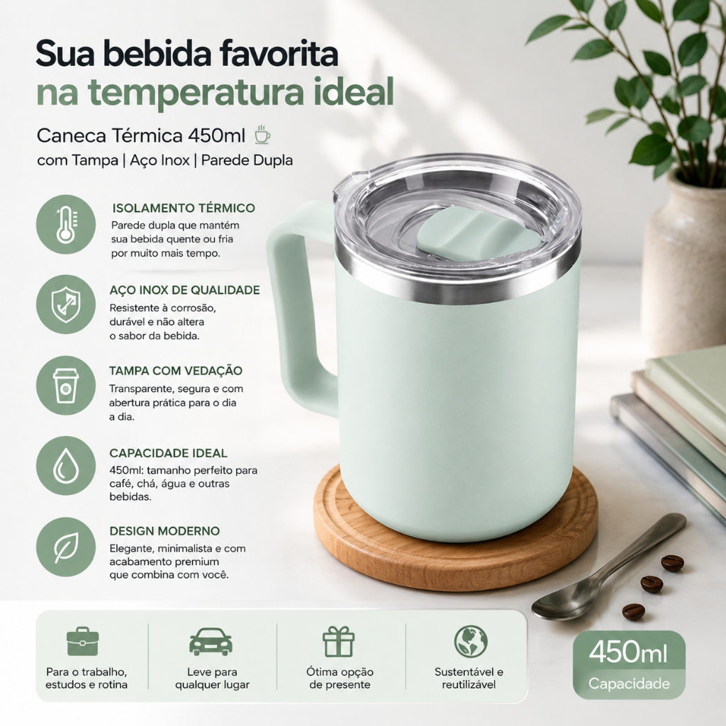 Caneca Térmica Café 450ml com Tampa Aço Inox Parede Dupla Verde