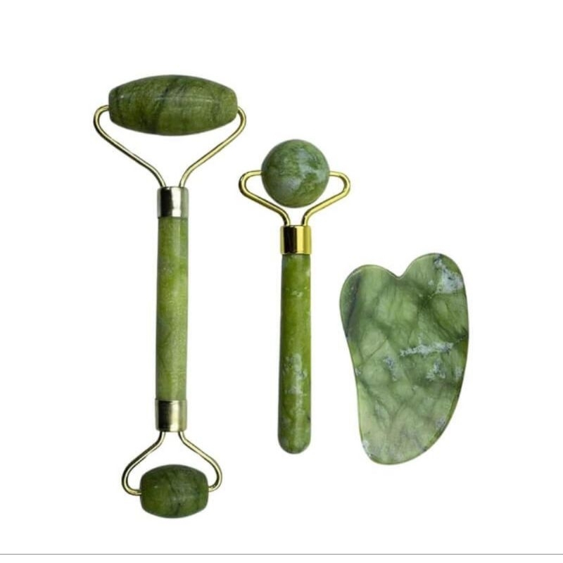 Kit Massageador Facial Jade Roller + Gua Sha – Reduz Inchaço e Linhas | Skincare Profissional