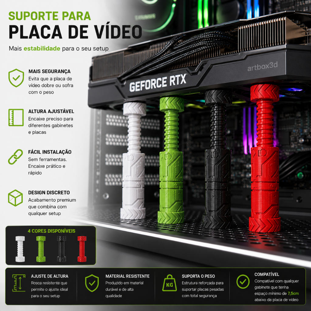Suporte Placa De Vídeo GPU Ajustável Anti Empenamento Universal PC Gamer 7,5 A 12cm