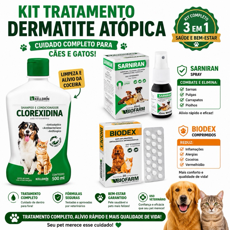 Kit Shampoo Clorexidina 5 em 1 - 500ml - Kelldrin + Biodex 20 Comprimidos + Sarniran 30ml
