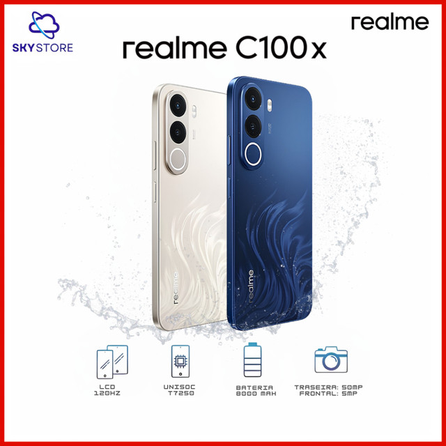 Realme C100x 4G, Versão Global, 128/256GB + 4/8GB RAM, Processador Unisoc T7250, NFC, Câmera 50MP, Bateria 8000mAh