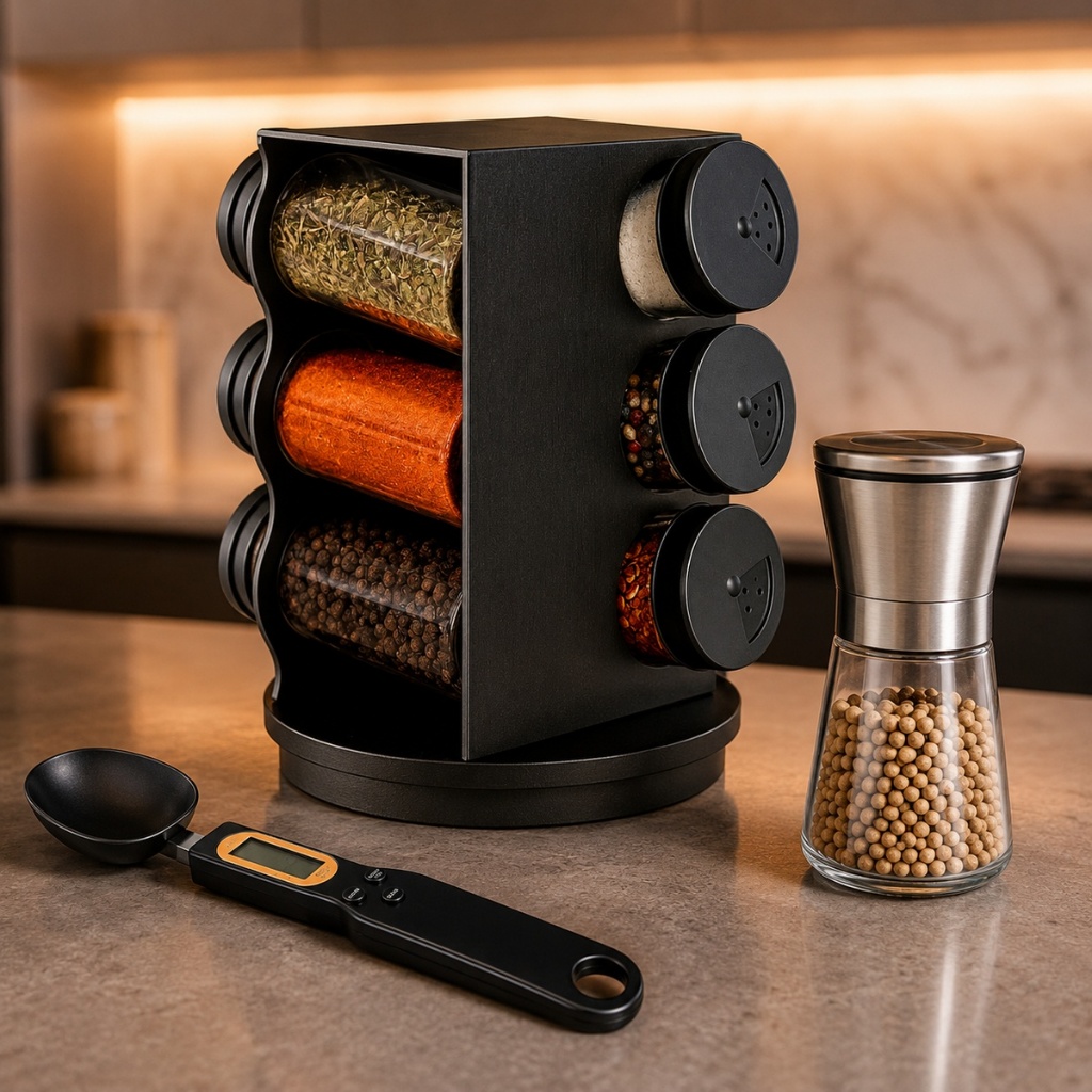 Organizador Porta Temperos Giratório 6 Potes 80ml Kit Cozinha Colher Medidora Digital Moedor Manual
