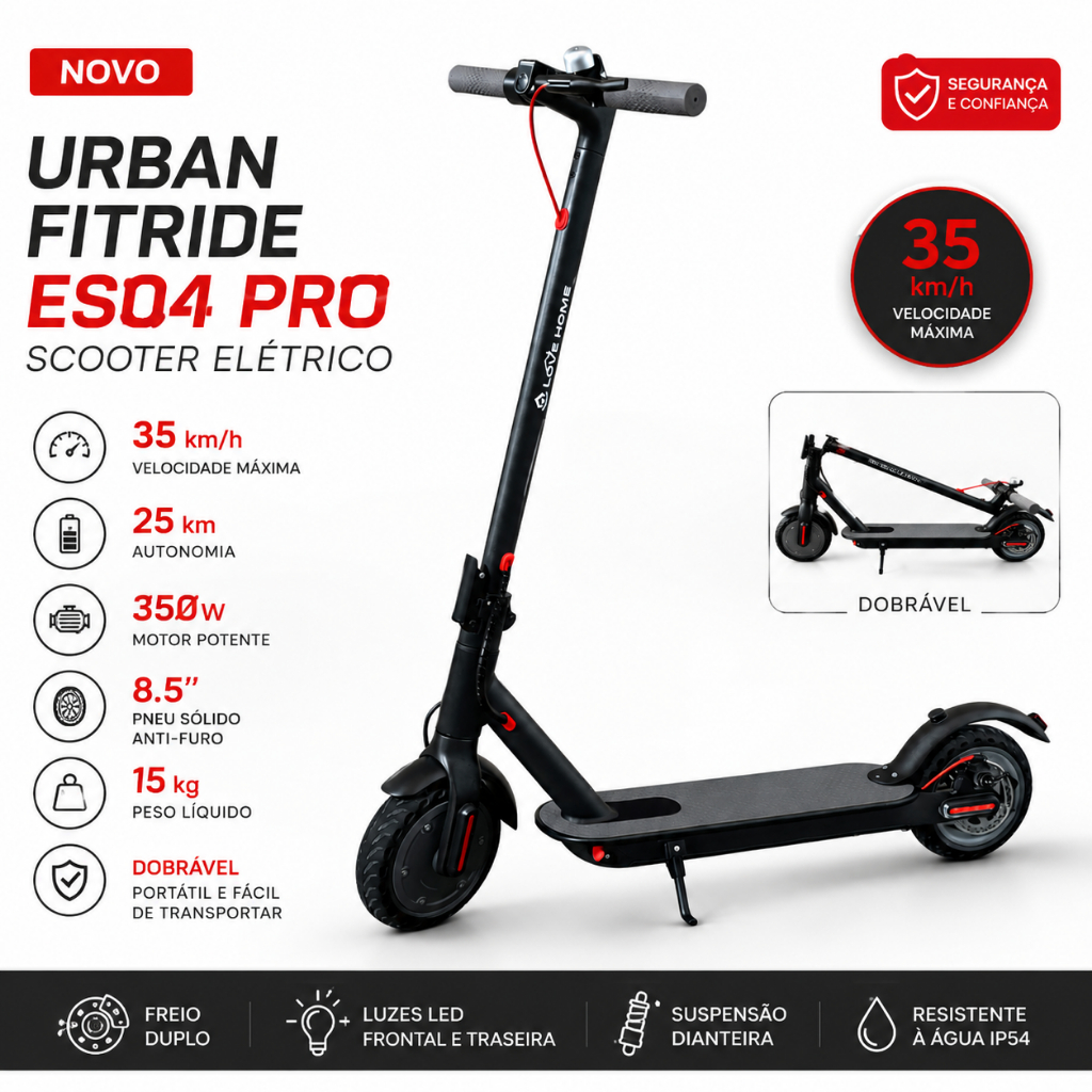 Patinete Elétrico Scooter 350W Dobrável 8.5 Polegadas App Bluetooth Velocidade 35km/h Autonomia 25km Preto