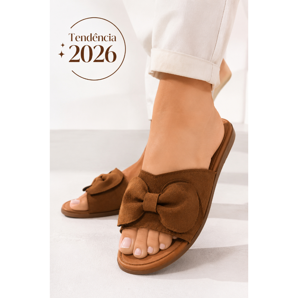Sandália Feminina Rasteira Laço Slide Camurça Confortável Casual Tendência 2026