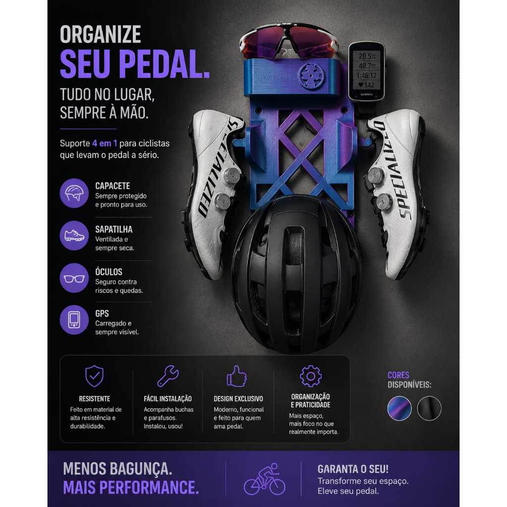 SUPORTE ORGANIZADOR 4 EM 1 PARA CICLISMO - CAPACETE/SAPATILHA/OCULOS/GPS