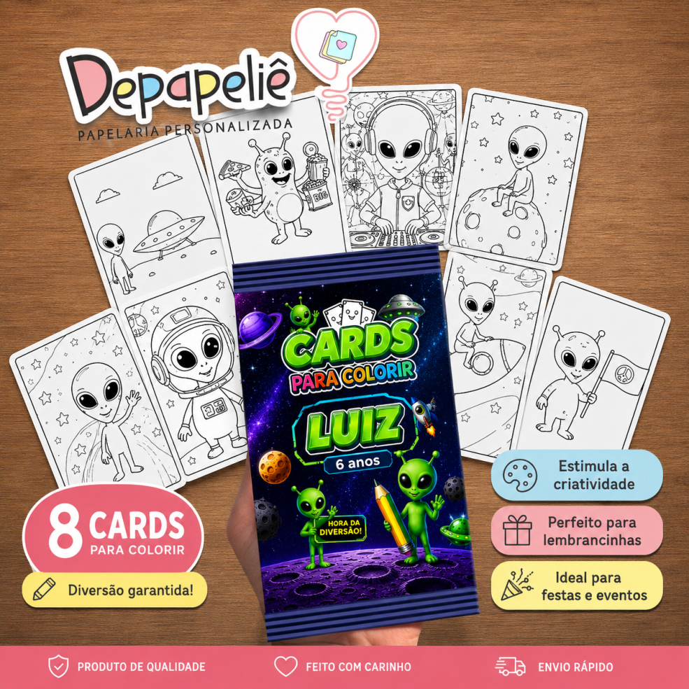 KIT 8 CARDS DE COLORIR PERSONALIZADOS  ALIENIGENA Lembrancinha Infantil Criativa e Divertida
