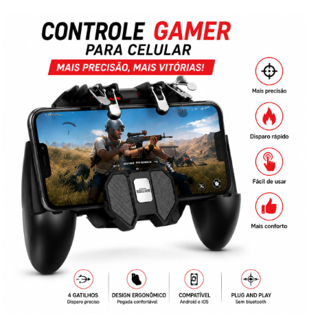 Controle Gamer para Celular com Gatilhos e Suporte Joystick para Free Fire, PUBG e Roblox