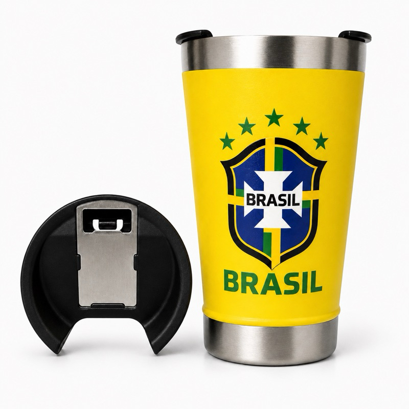 Copo Térmico Brasil 473ml Inox Com Tampa Abridor Mantém Gelado Personalizado