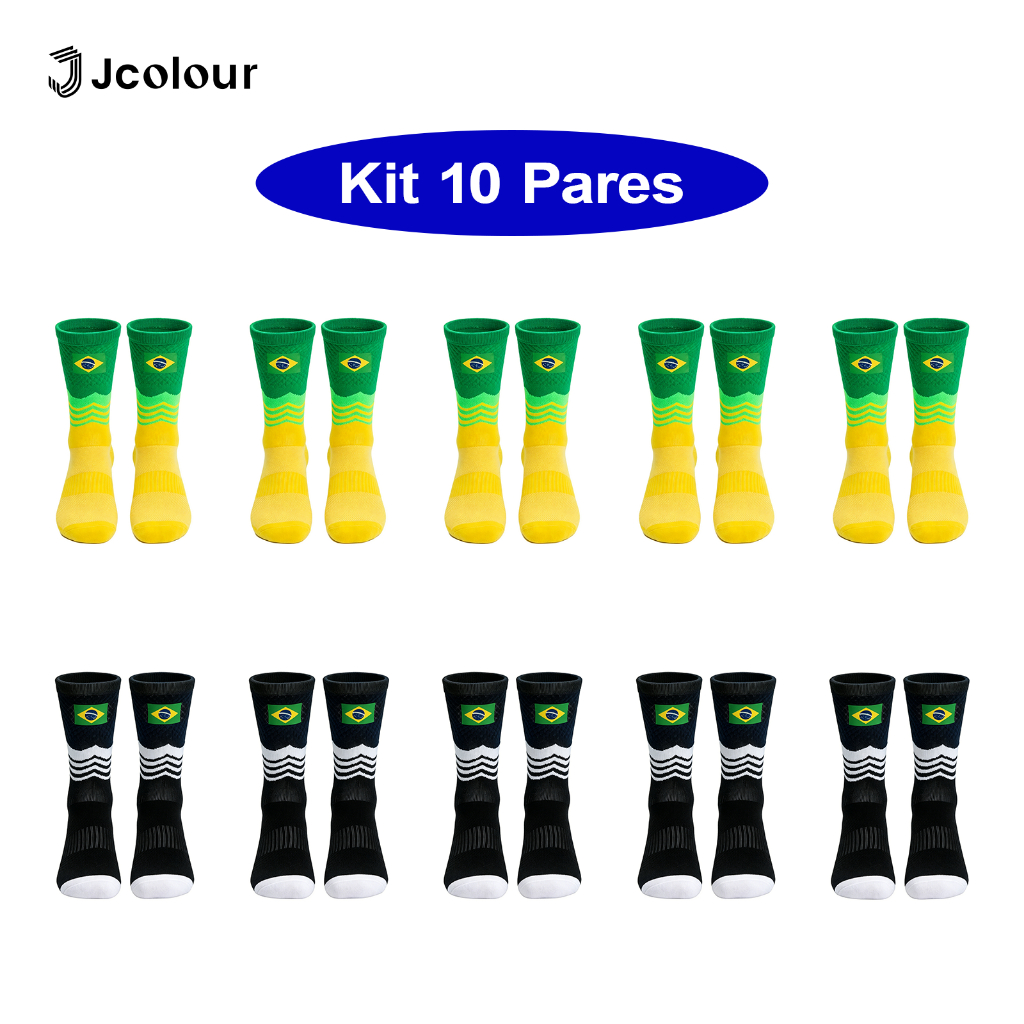 Kit 10 Meia de Futebol Brasil Cano Alto Copa do Mundo 2026 Esportiva Academia Corrida Antiderrapante