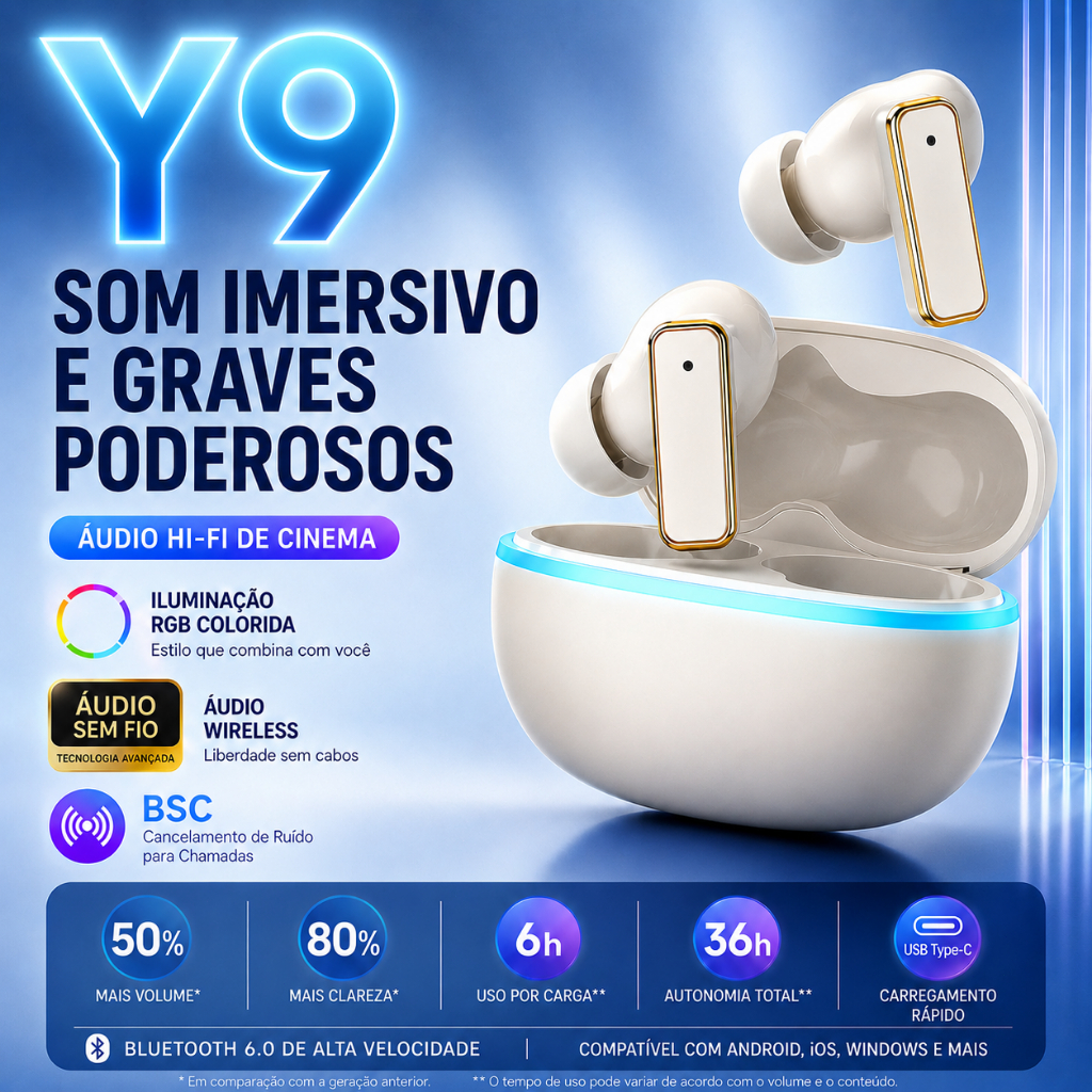 Fone Bluetooth TWS-Y9 Sem Fio com Som Hi-Fi, Graves Potentes, RGB e Bateria 6h