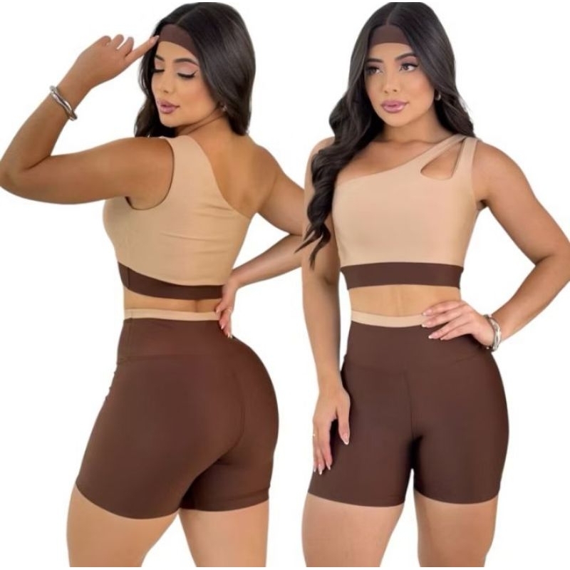 Conjunto Fitness BICOLOR | Top Nula Manga Gota sem Bojo + Short Cós Alto Zero Transparência