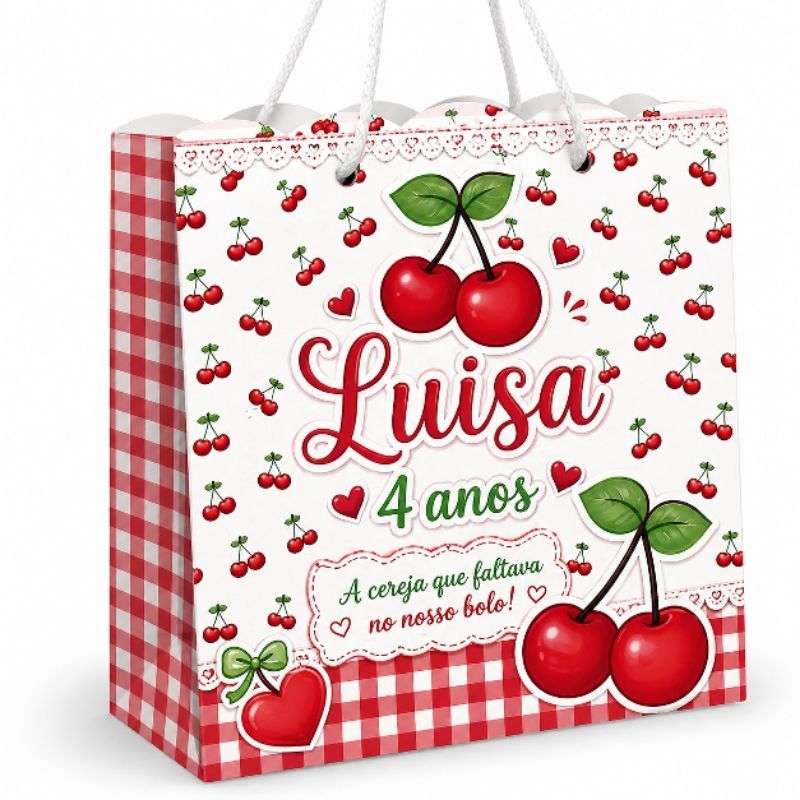 Sacolinha Surpresa Personalizada Nome e Idade Tema Cerejinha Menina | Lembrancinhas Decoração Festa Infantil Cereja