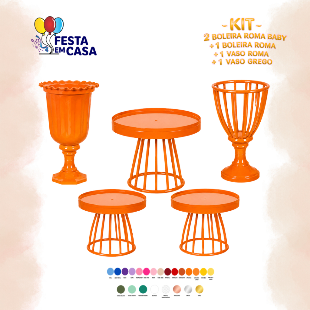 KIT com 1 Boleira Roma, 2 Boleiras Roma Baby, 1 Vaso Roma e Mais 1 Vaso Grego