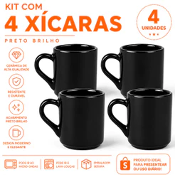 Conjunto 4 xicaras porcelana preta brilho design classico canequinha premium cantinho café cozinha