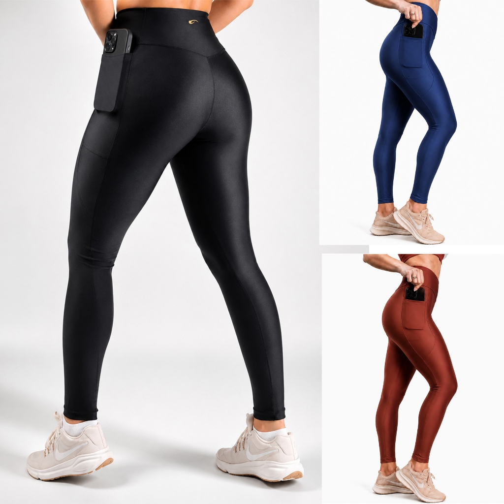 Kit 3 Calças Legging Feminina Suplex Cintura Alta Bolso Fitness Compressao Academia Syozbee