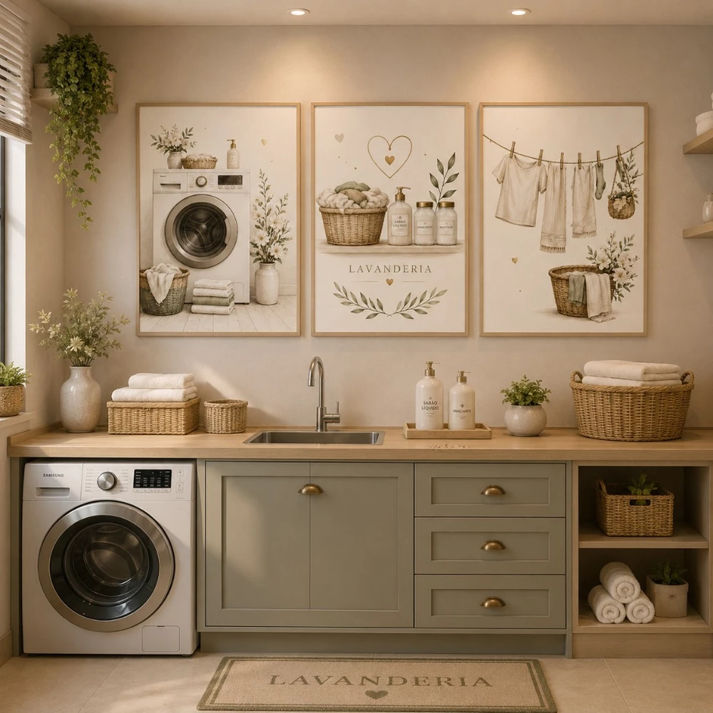 Kit 3 Quadros Decorativos Lavanderia Minimalista Clean Bege Moderno Elegante Para Área de Serviço