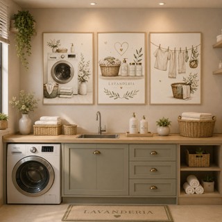 Kit 3 Quadros Decorativos Lavanderia Minimalista Clean Bege Moderno Elegante Para Área de Serviço