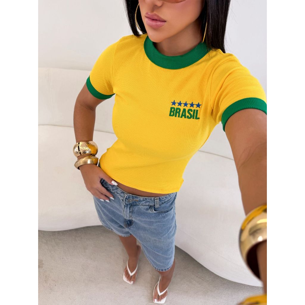 Camiseta Feminina Brasil Canelada Ribana Premium Tamanho Único Copa do Mundo Torcedora
