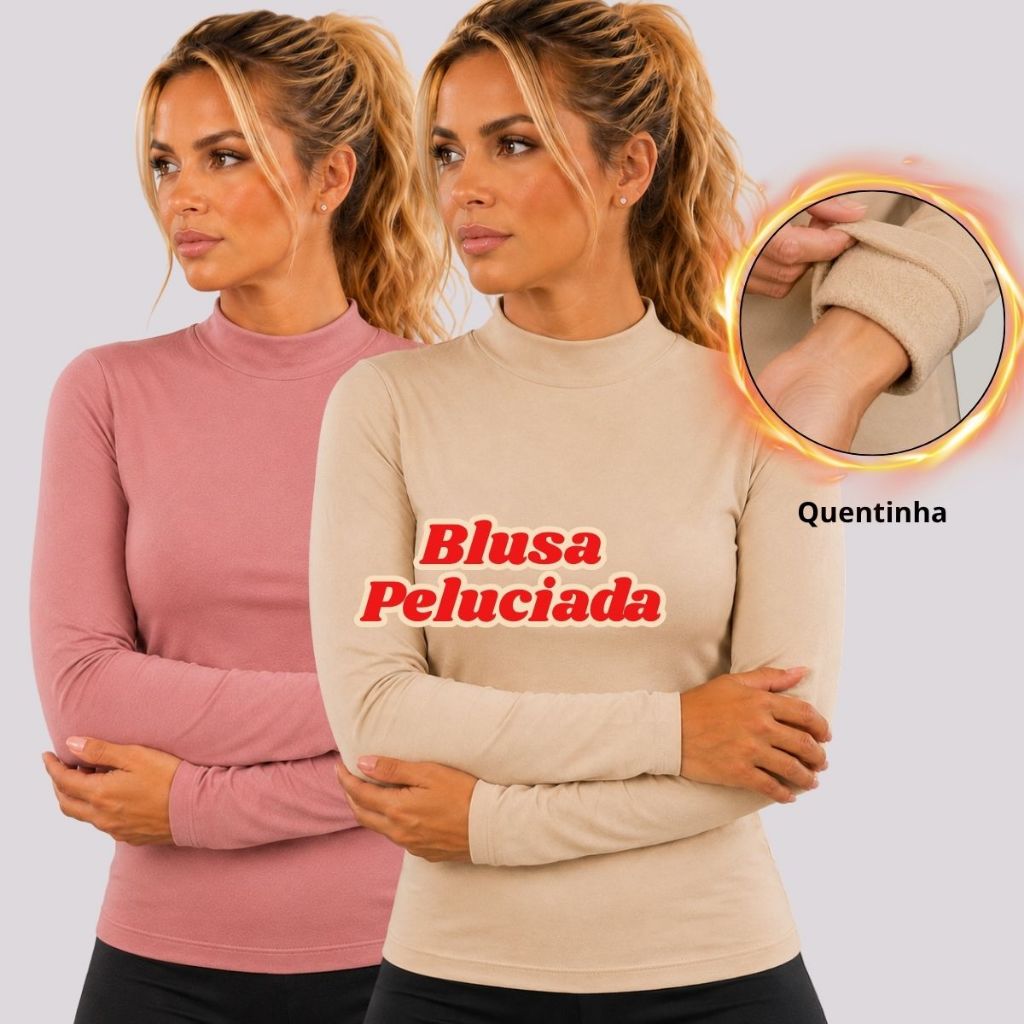 Blusa Feminina Inverno Peluciada Térmica Suplex Gola Média Camiseta Manga Comprida Peluciada São João