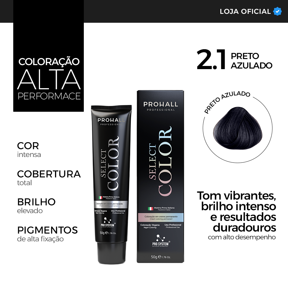 Coloração Profissional 2.1 Cabelo Preto Azulado Tinta Capilar Premium Prohall