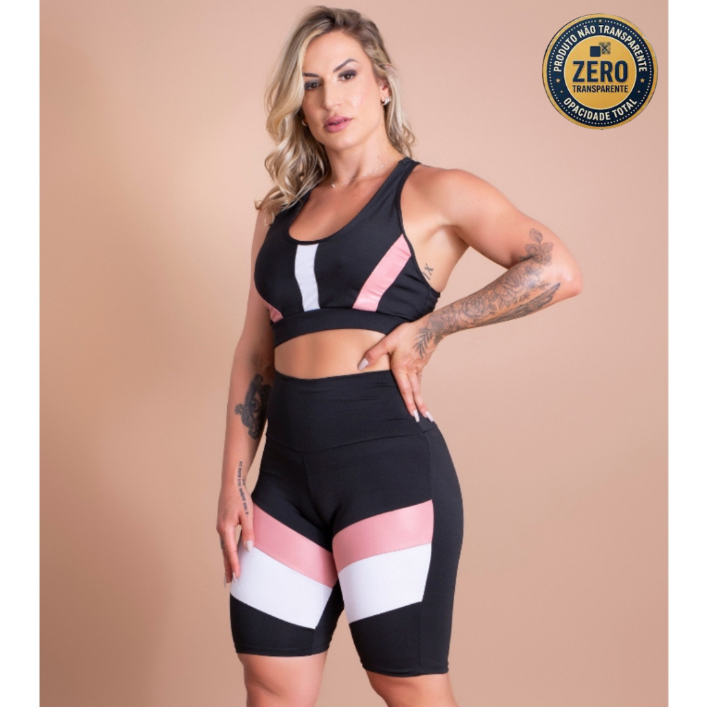 Conjunto Fitness Feminino Bermuda Lisa Cintura Alta Detalhe Perna E Top Nadador Sustentação Academia ZERO TRANSPARÊNCIA
