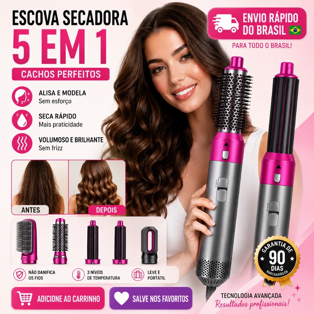 Escova Secadora 5 em 1 Airwrap Modelador de Cabelo Profissional 1000W Bivolt Cachos e Alisamento