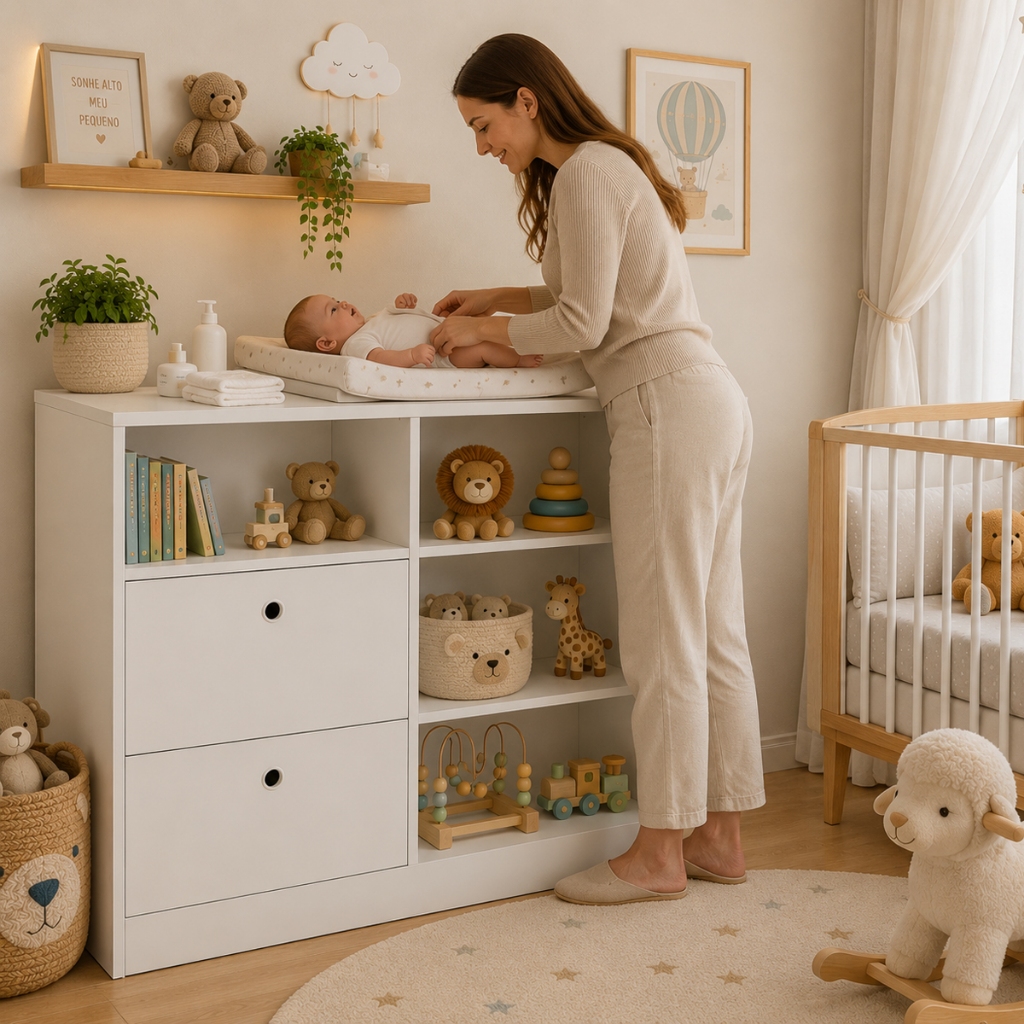 Cômoda Trocador Encanto Organizador Infantil com Gavetas e Nichos Moderna Para Quarto Bebê