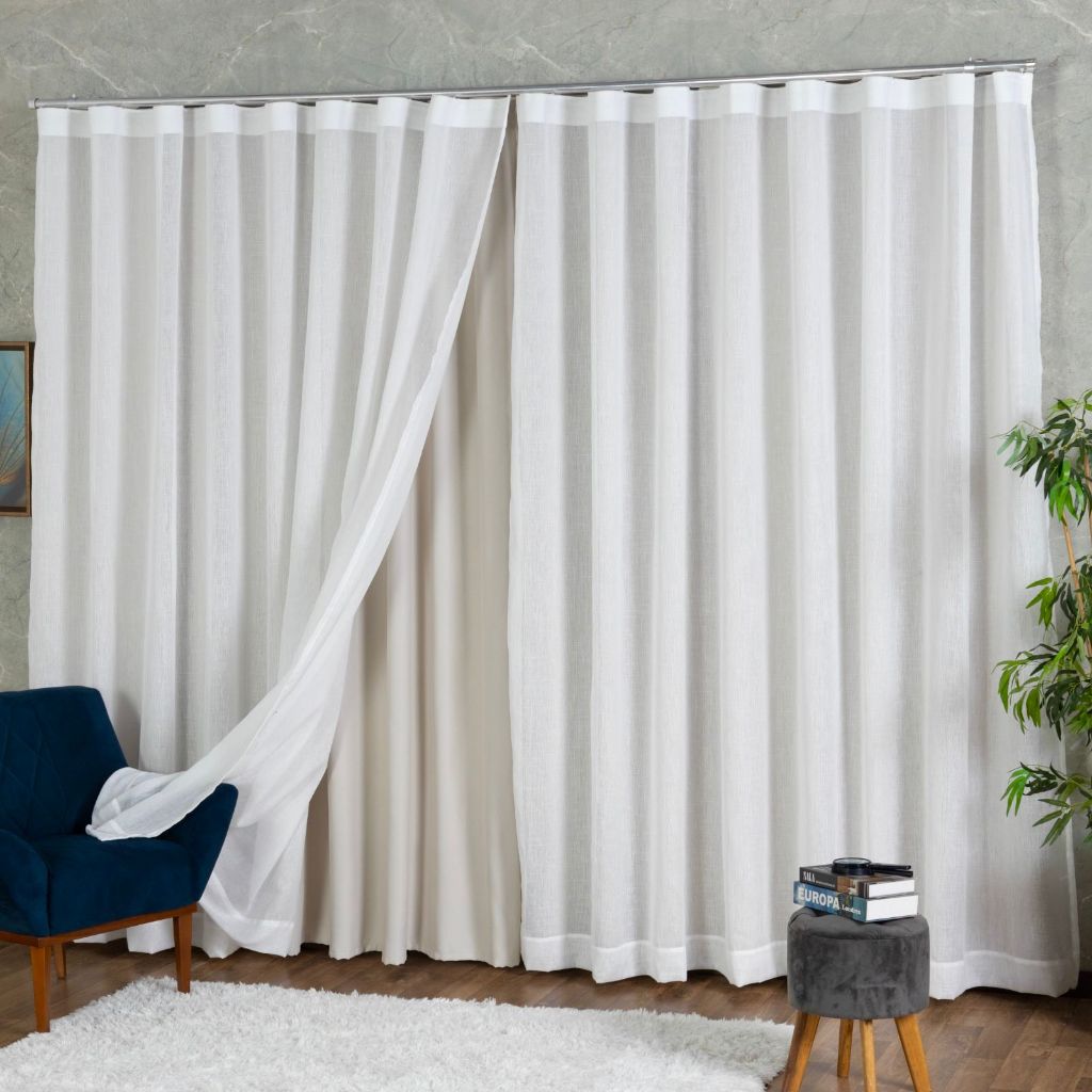 Cortina Trilho Suíço Duplo Voil de Linho + Forro Blackout 4,00 x 2,30/2,40/2,50/2,60/2,70/2,80 Alto Padrão