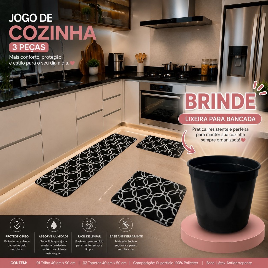 Kit Cozinha 3 Peças Tapete Passadeira Antiderrapante Pia Fogão Entrada Moderno com Lixeirinha Brinde