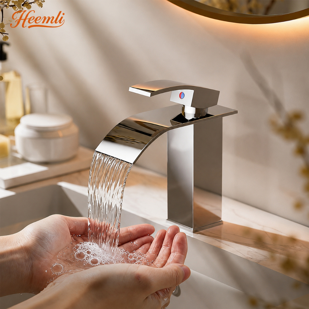 Heemli Torneira Cascata para Banheiro Inox Quadrada Baixa Misturador Preta Cromada