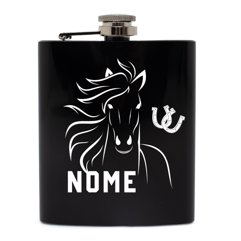 Cantil De Bolso- Porta Whisky Inox Preto Personalizado a Laser- Cavalo Com Nome