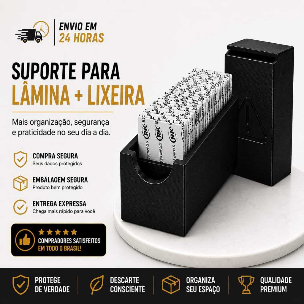 Kit Suporte Para Lâminas De Barbear + Lixeira Descarte Seguro Organizador Barbeiro Preto