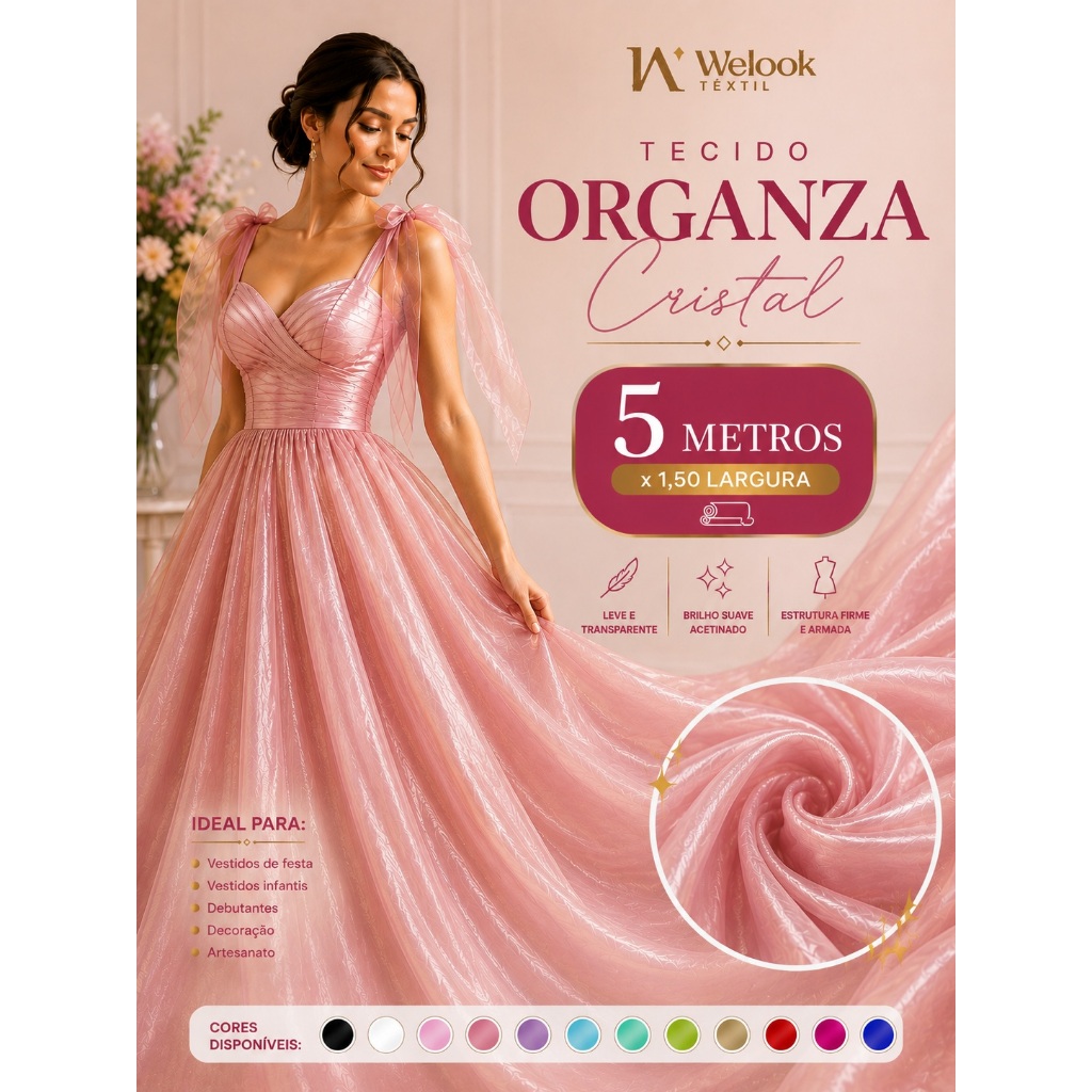 Tecido Organza Cristal Premium 5 Metros x 1,50m | Vestidos, Festas e Decoração