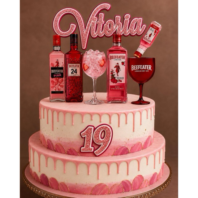 Topo De Bolo Beefeater Pink Personalizado | Topper Gin Rosa Luxo | Festa Aniversário Feminino