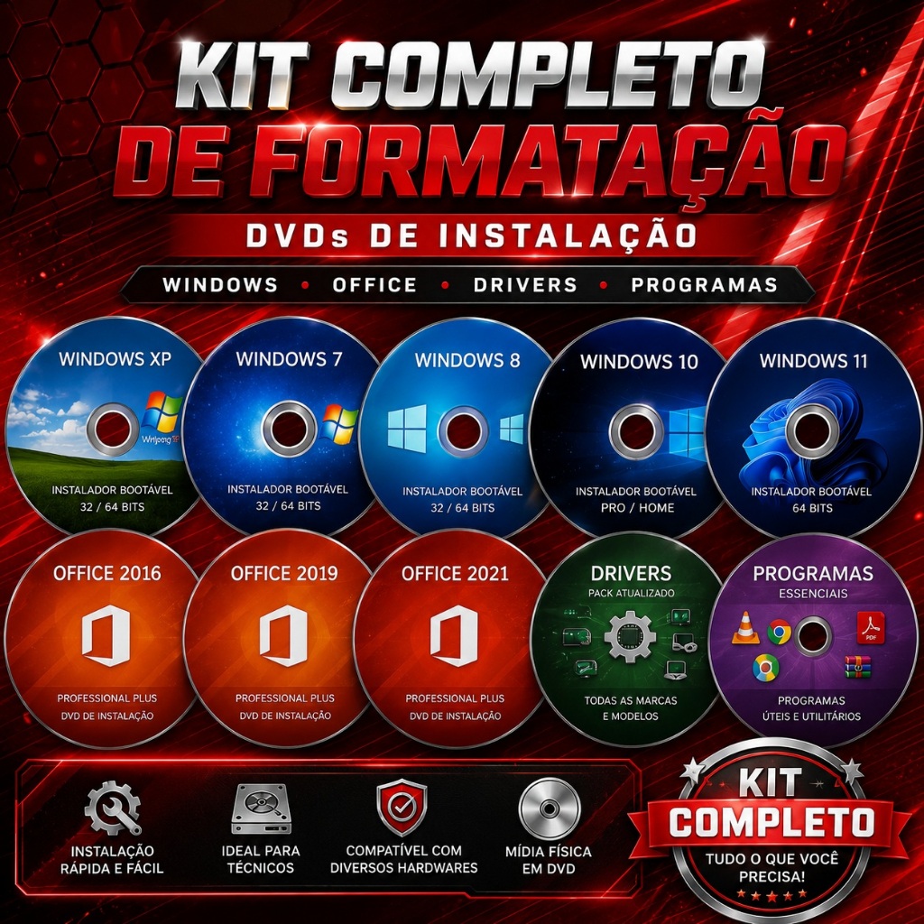 DVD Windows 11, 10, 8, 7 e XP | Kit Formatação | Pacote Office, Drivers e Programas