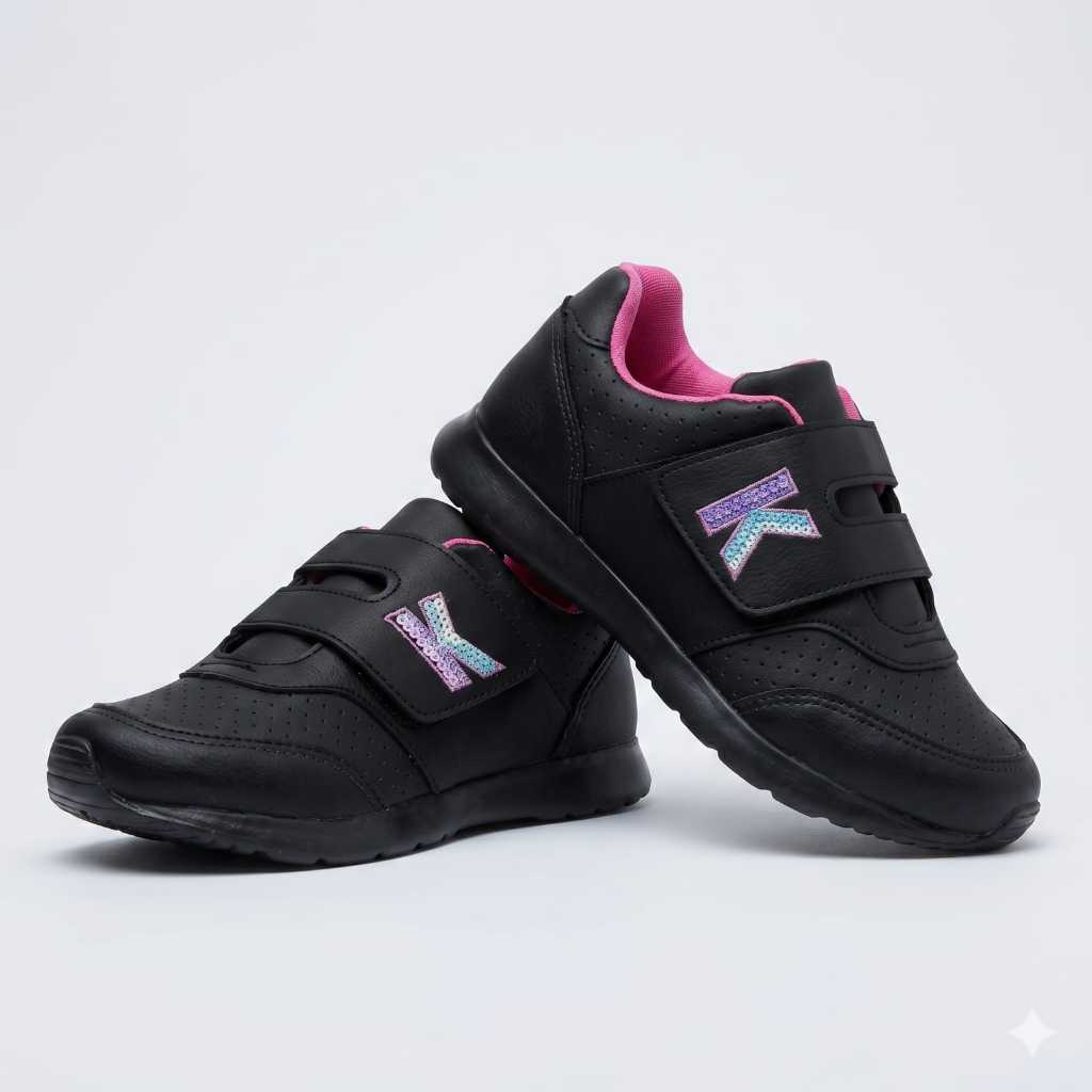 Tênis Infantil Menina Bordado Preto Pink Escolar Kidstep