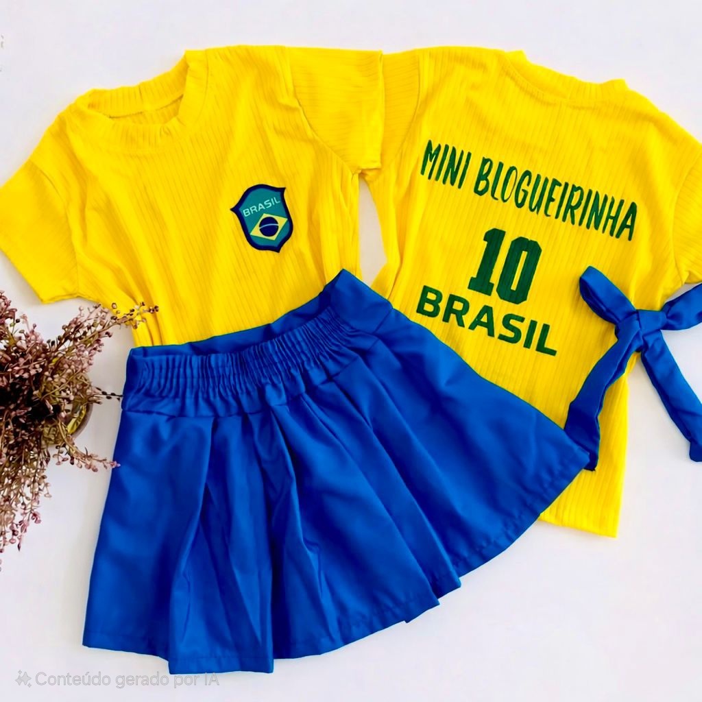 conjunto Brasil infantil menina saia shorts blusa e faixa de cabelo kit copa torcida verde amarelo azul