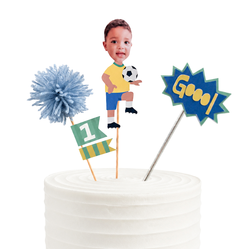 Topo de Bolo Futebol Infantil Personalizado Foto do Bebê | Decoração Copa do Mundo Brasil Festa Menino
