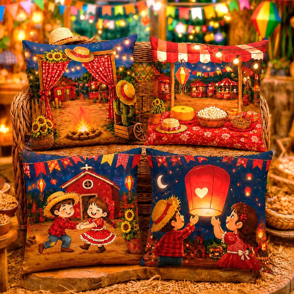Kit 4 Capas de Almofada Tema Festa Junina 40x40 Zíper Enfeite Decoração