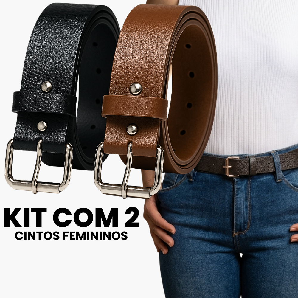Kit 2 Cintos Femininos Fino Couro Sintético Preto Caramelo Branco Café Ajustável Elegante
