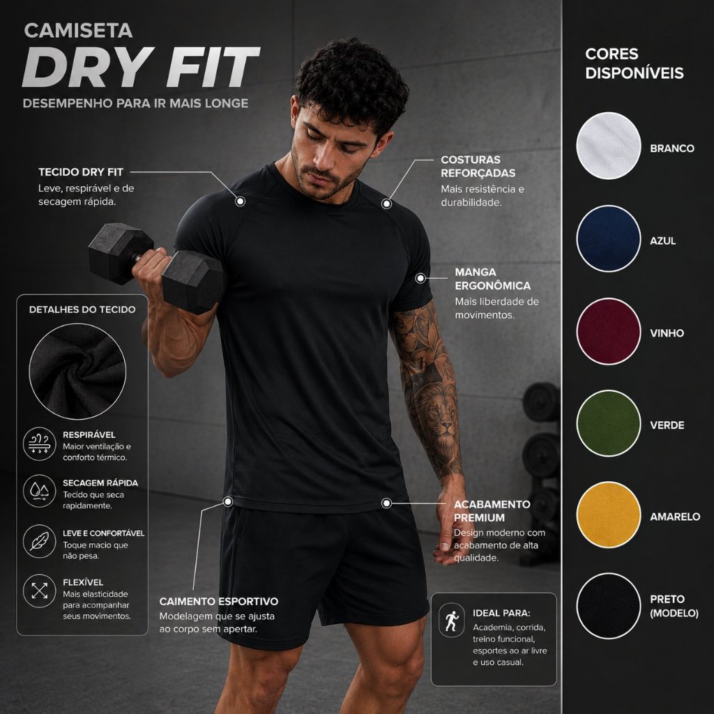Camiseta Dry Masculina Manga Curta Fitness Academia Corrida CrossFit Poliester Premium