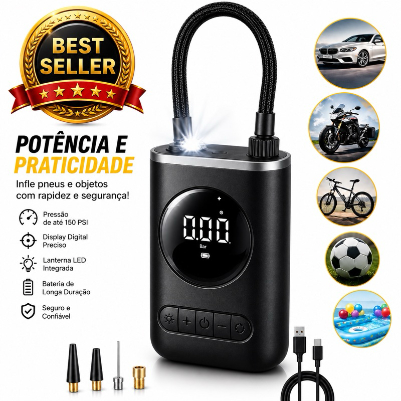 Compressor Com Lanterna 80W Calibrador De Ar Digital Portátil Recarregável Inflador Encher Pneu,Bola,Bike