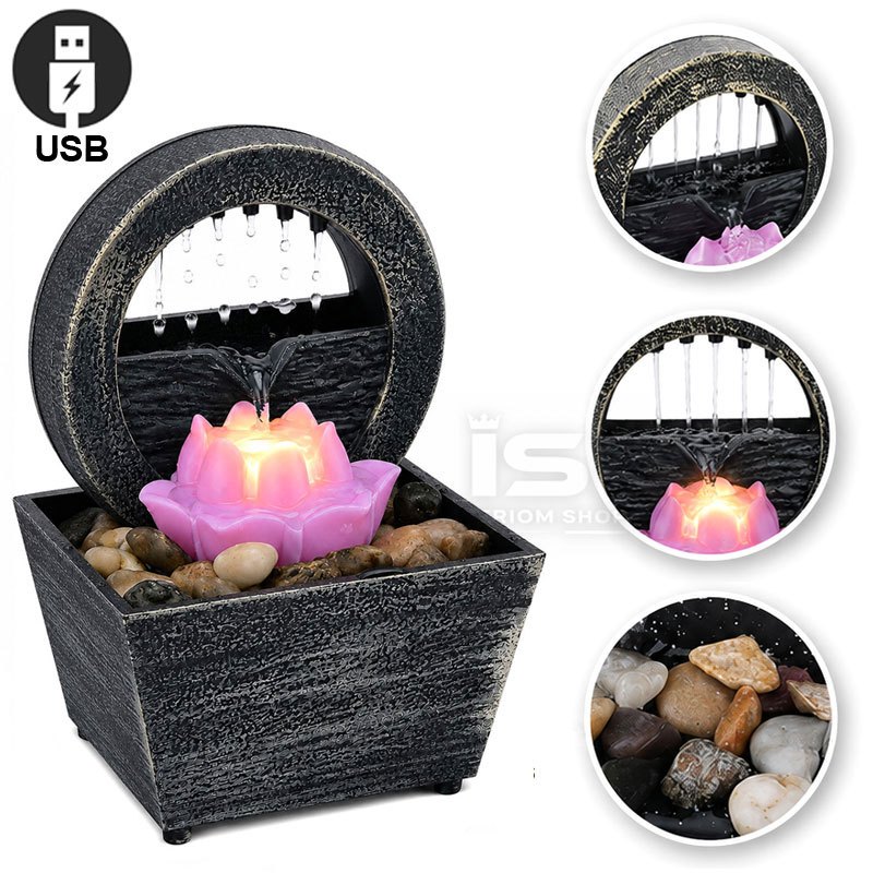 Fonte de Agua Decorativa com Led Luz Pedra Rochas Cascata Feng Shui Pequena Cascata Flor de Lotus- USB