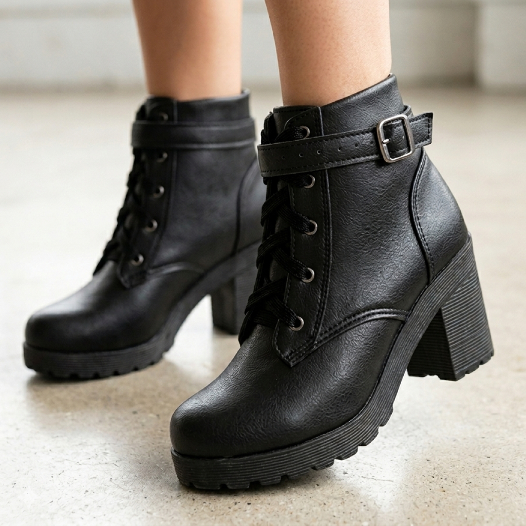 Bota Feminina Preta Fivela Bota Coturno Feminino Bota Cano Curto Salto Tratorada Ref. 20/150