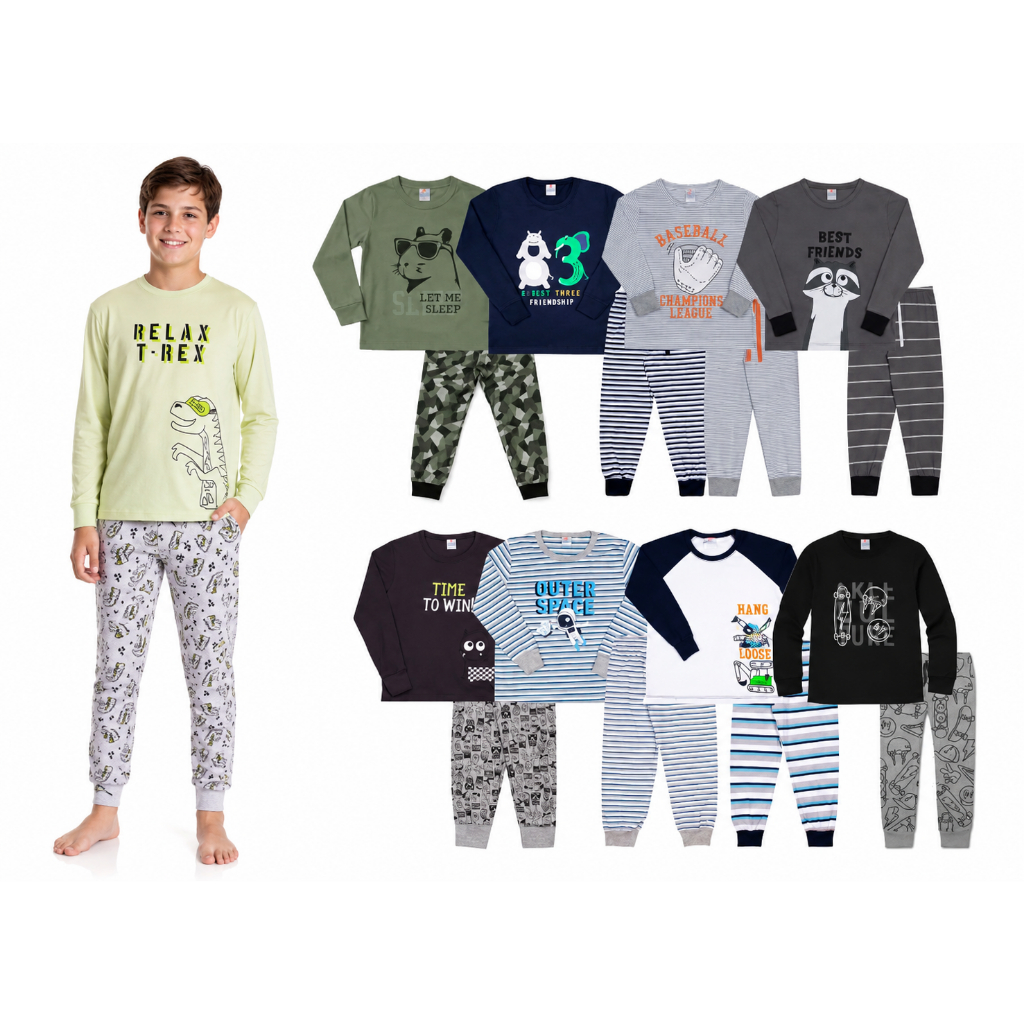 Kit 2 conjuntos Pijama Infantil menino Meia Malha Premium 100% algodão - Caramell Kids - Sortidos