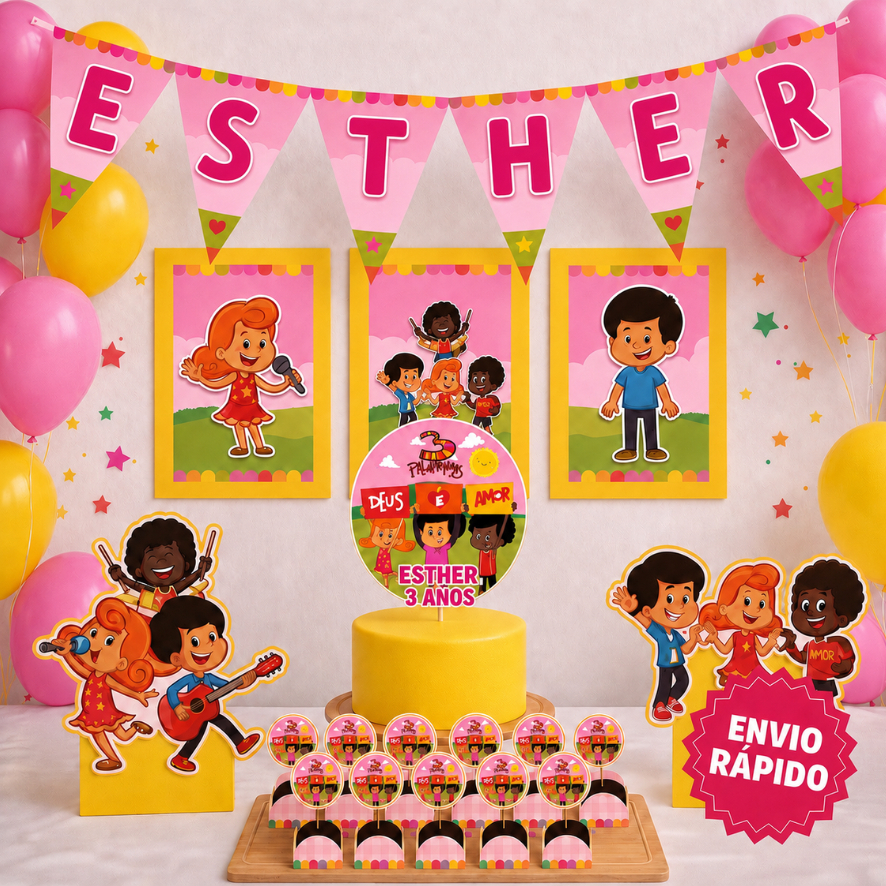ENVIO RÁPIDO Kit festa 3 palavrinhas menina Personalizado Bolinho Aniversário 70 itens Lembrancinha