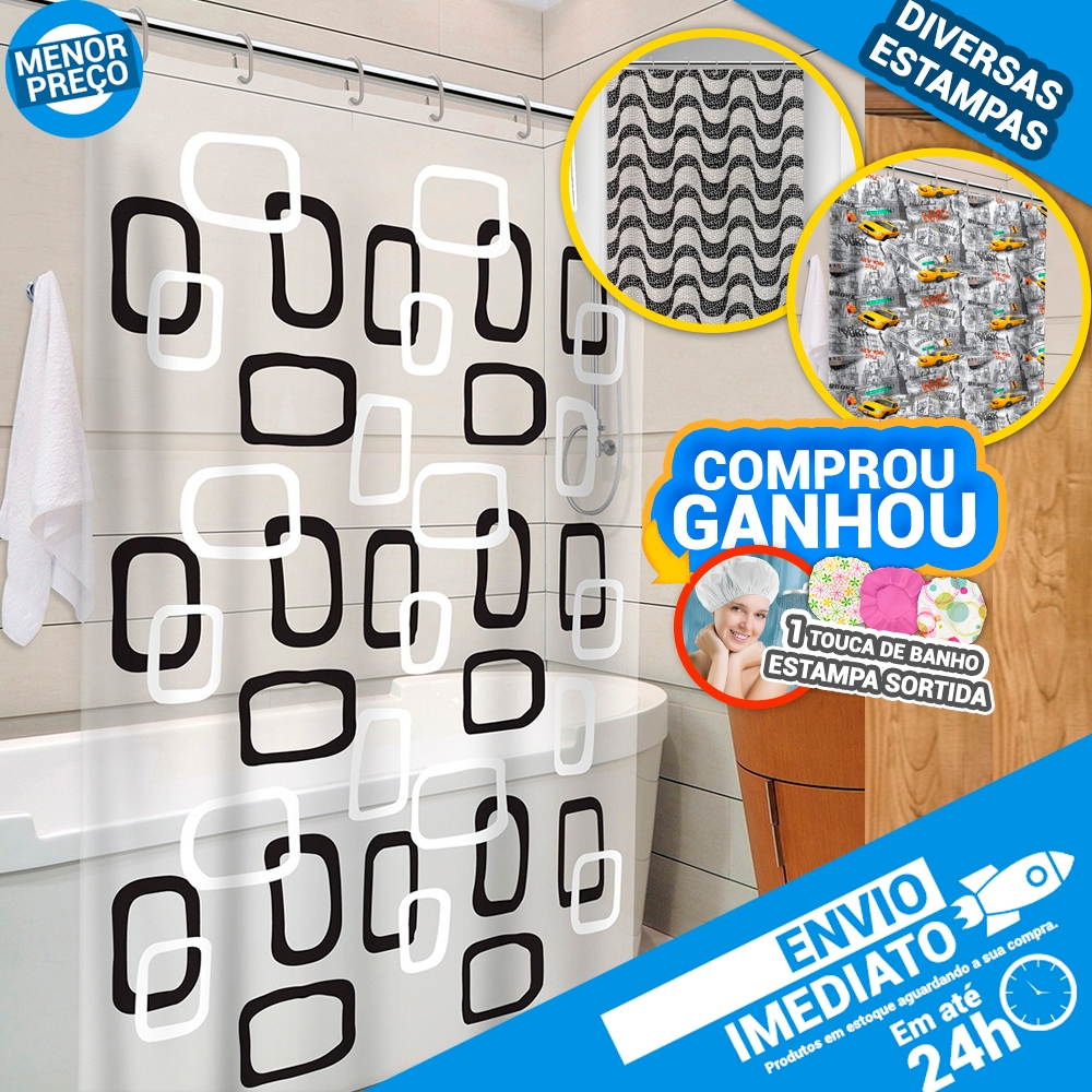 Cortina de Box para Banheiro c/ Gancho Anti Mofo Resistente Alta Qualidade 100% PVC