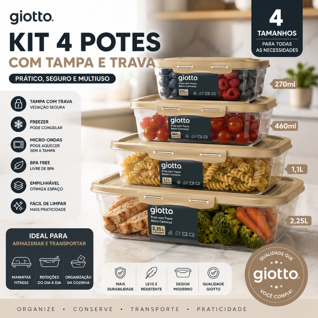 Kit 4 Potes Marmitas Fitness Tampa Trava 270ml 460ml 1,1L e 2,25L Camurça Freezer Microondas Giotto